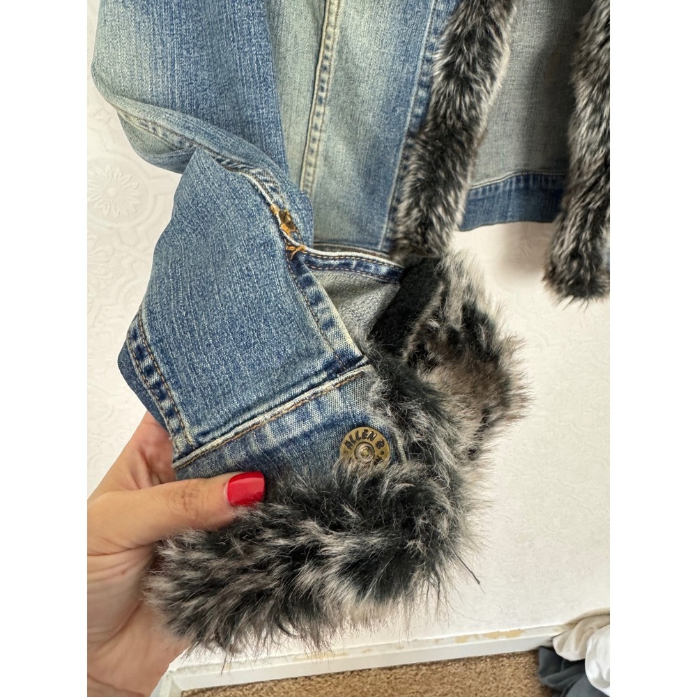 Vintage Y2K Allen B Allen Schwartz Faux Fur Trim Denim Jacket Medium Wash Small - Picture 6 of 10